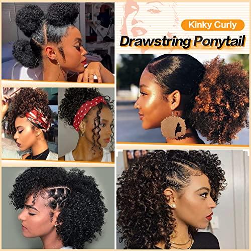 PEACOCO PEACOCO Short Curly Ponytails Drawstring Ponytail Hair Piece for Black Women, 6 Inch Kinky Pony Tail Extension for kids black girls (1BT27)