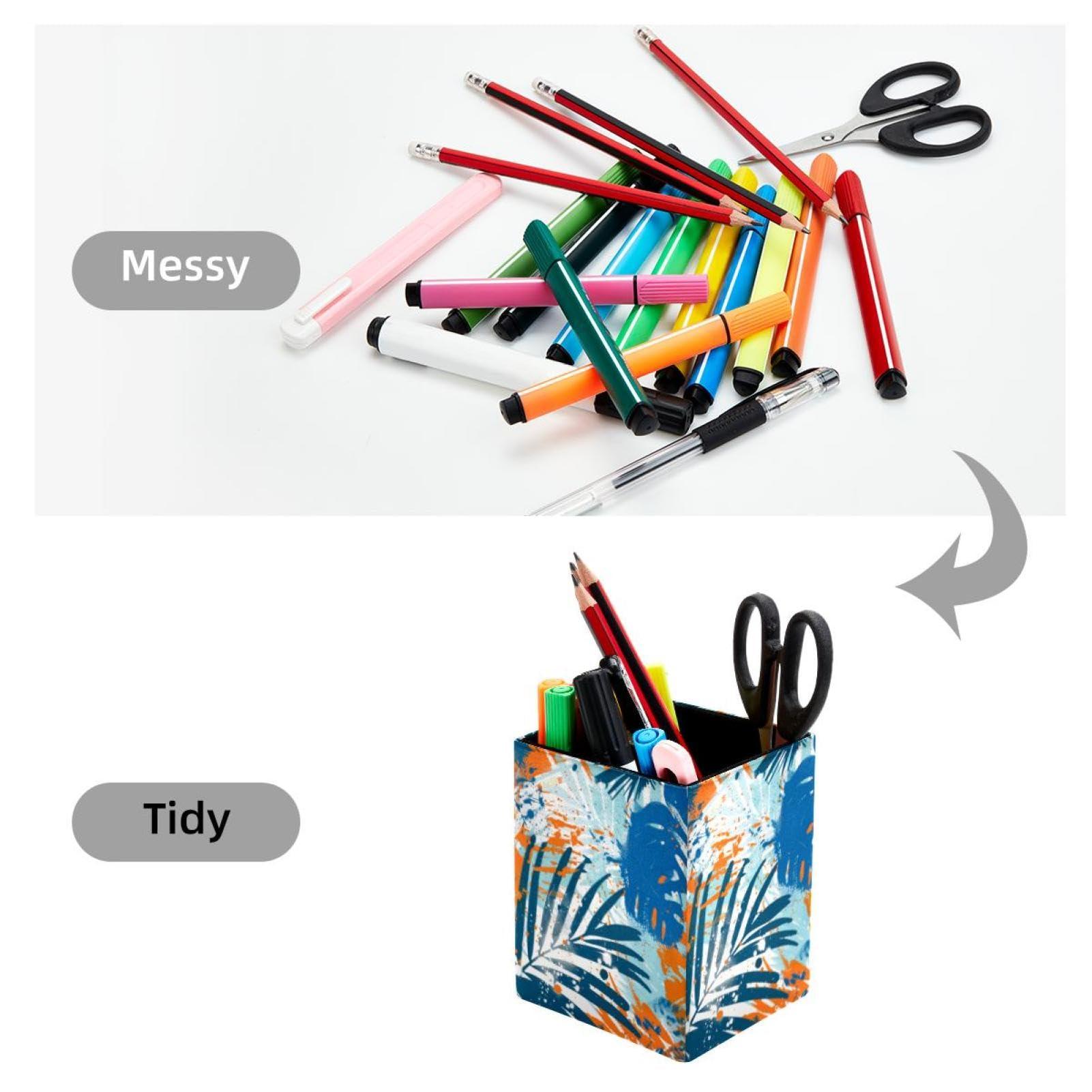 FNETJXF FNETJXF Makeup Brush Holder, Desktop Organizer, Pen Organizer, Orange Blue Tropical Leaves Abstract, Multi-Functional Desktop Organizer