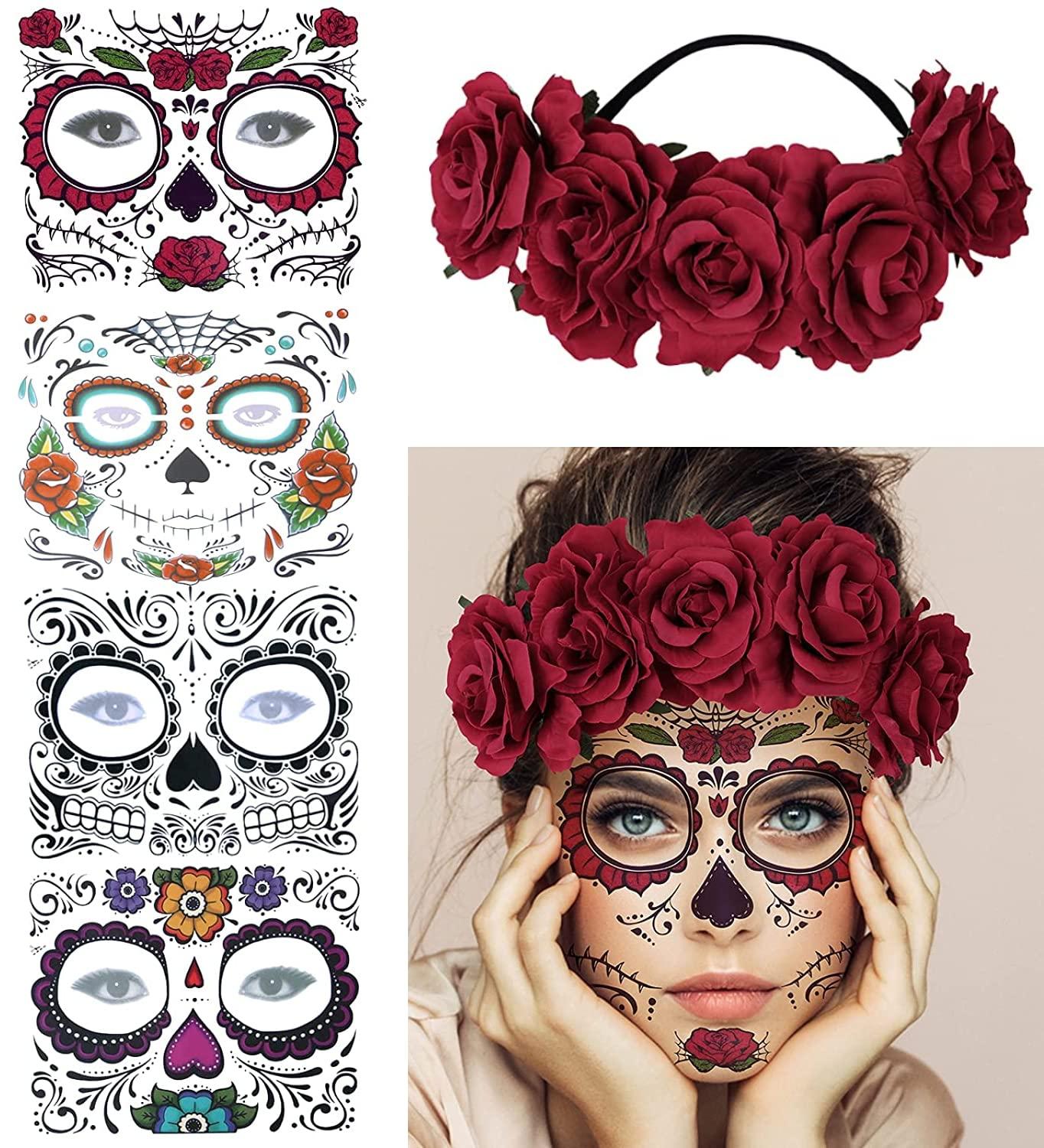 AFSTEE 4 Kits Day of the Dead Sugar Skull Temporary Face Tattoo Makeup Tattoo for Men and Women with 1 Rose Red Flower Crown Headband for Halloween Costume