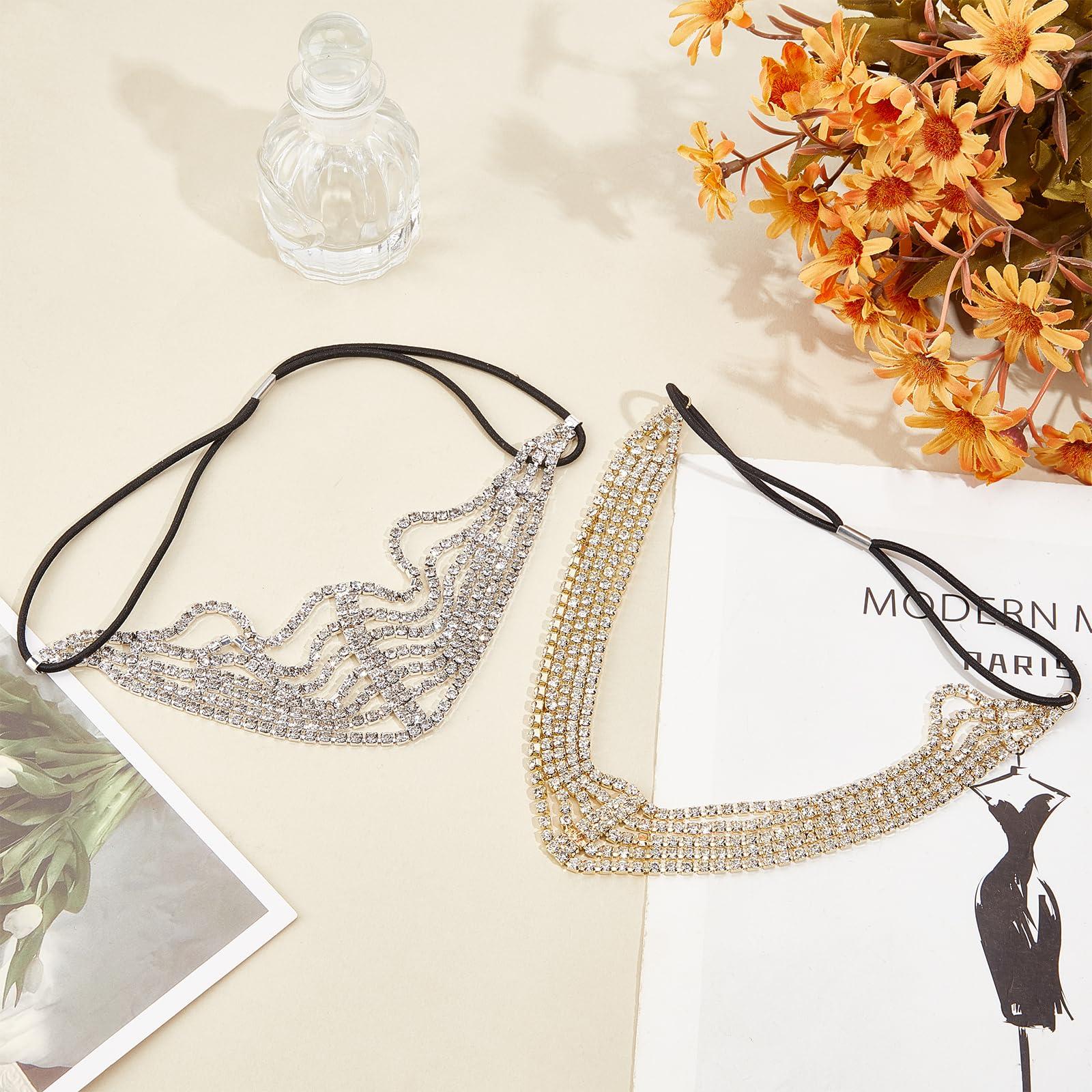 NICENEEDED NICENEEDED 2Pcs Multi Layered Elastic Headband with Rhinestone, Stretchable Gold Silver Headpiece, Bling Crystal Stretchy Jewelry Hair Bands Accessories for Women