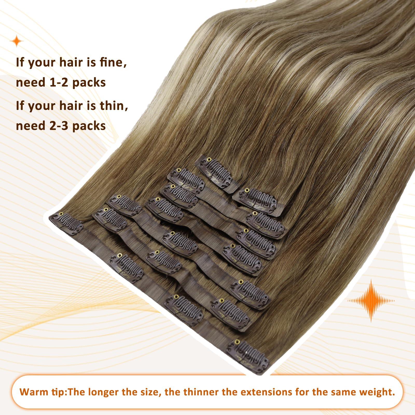 Full Shine Full Shine Brazilain Hair Clip in Extensions Pu Weft Brown Ombre Chestnut Brown Highlights Platinum Blonde 18 Inch+Invisible Wire Hair Extensions Balayage Walnut Brown to Light Brown Mix Light Blonde