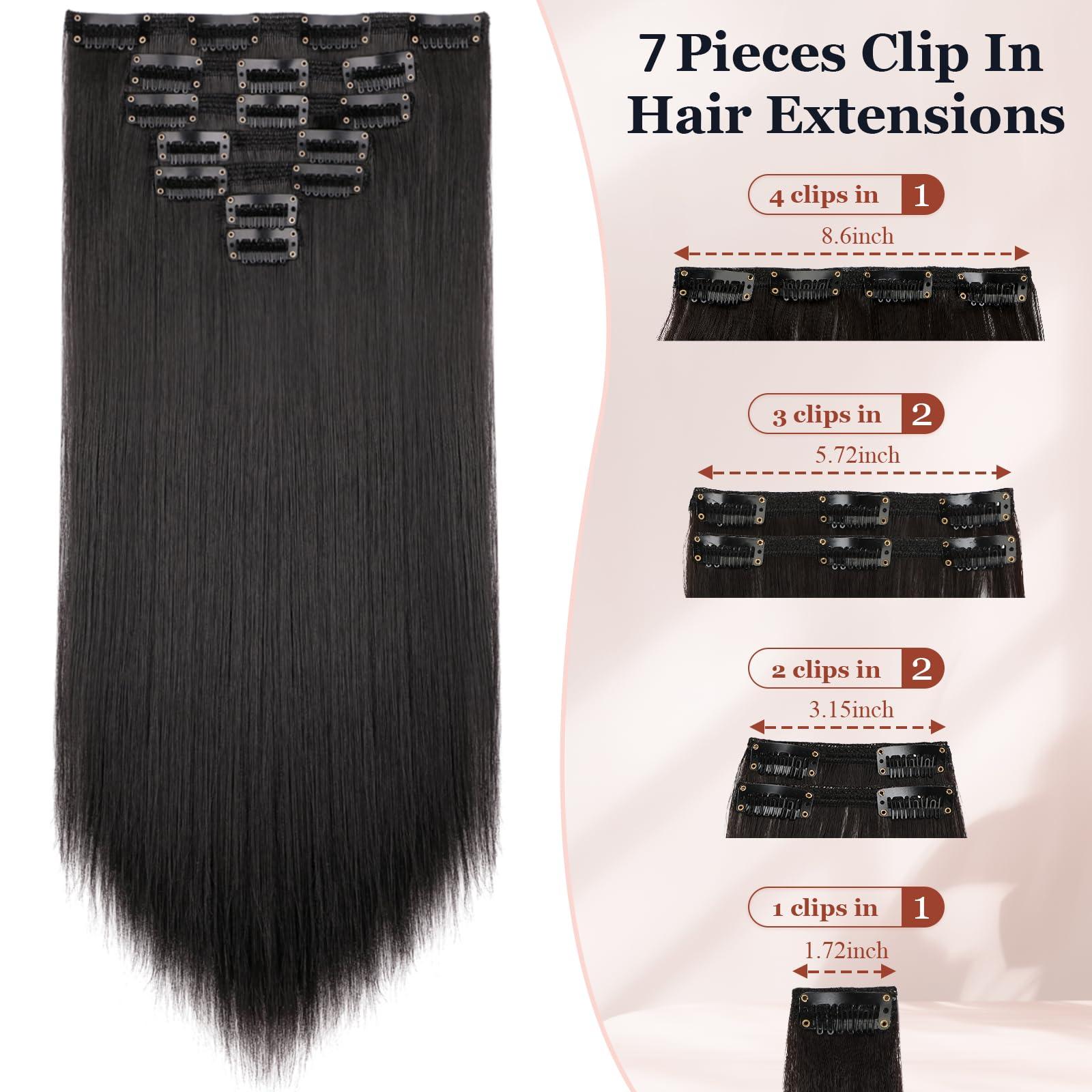 Wodelanle Clip in Hair Extensions for Women 7pcs Long Straight Dark Black Hair Extensions 23 Inch Natural Soft Clip on Extensions Synthetic Thick Hairpieces