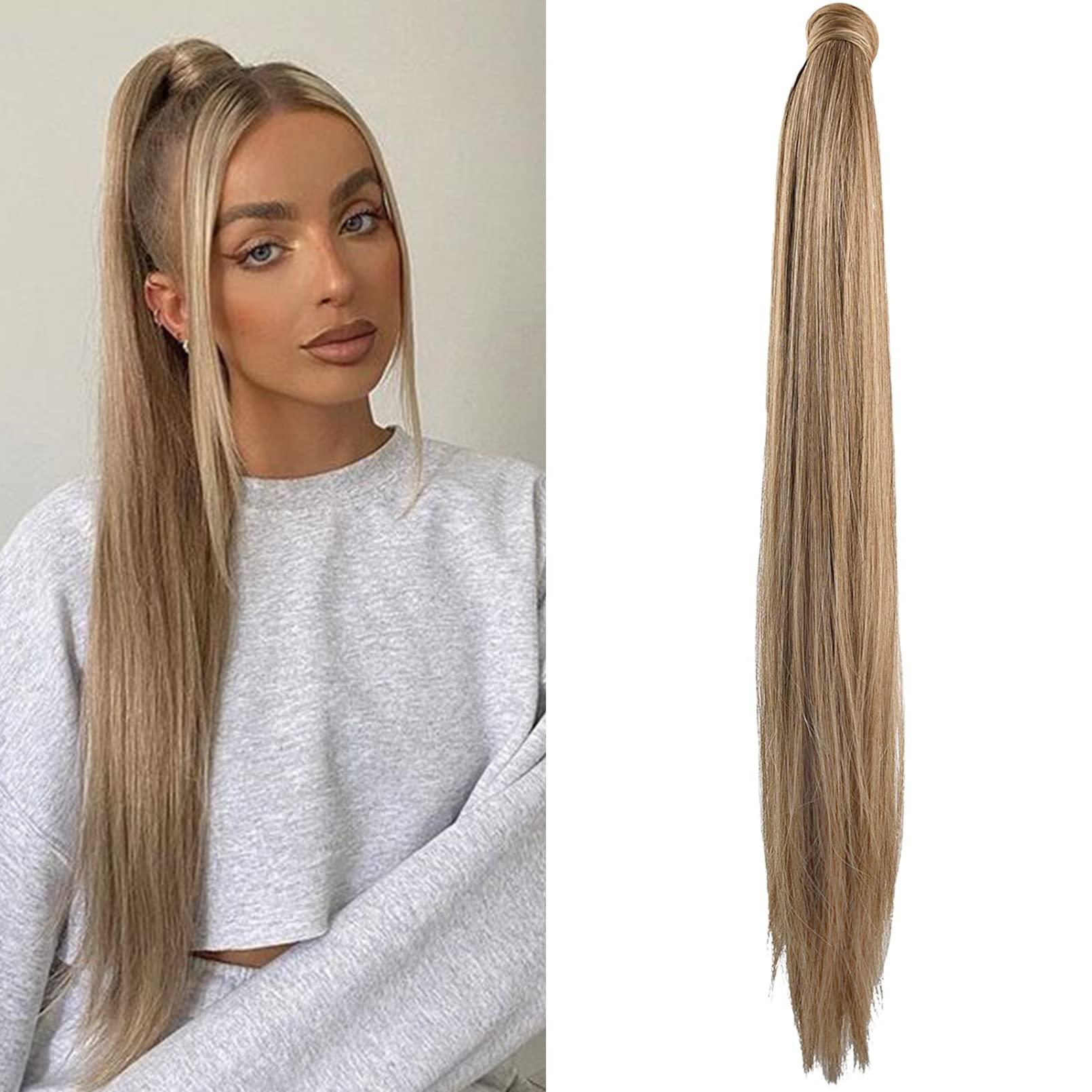 SEIKEA SEIKEA 28 Inch Clip in Ponytail Extension Wrap Around Long Straight Pony Tail Hair Synthetic Hairpiece for Women Color Ash Blonde with Golden Blonde