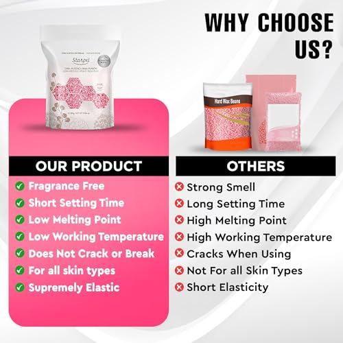 Starpil Starpil 500g/1.1 lb Rosin-Free Pink Hard Wax Beads - Painless Stripless Polymer Blend Bikini Wax for Face, Coarse Hair & Sensitive Skin