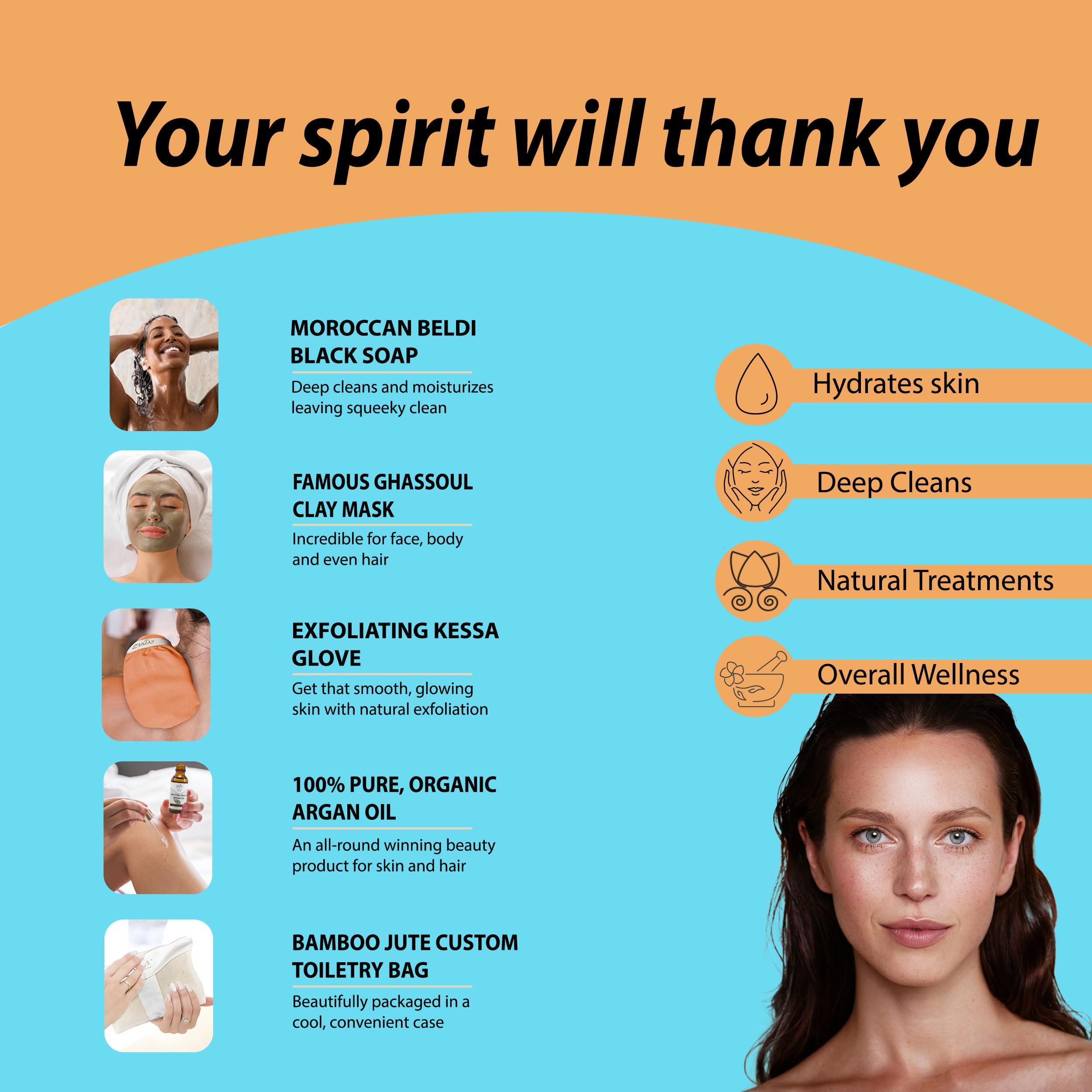 Zakia's Morocco Moroccan Hammam Spa Rejuvinating Ritual Beauty Skincare Kit - 6 piece, Moroccan Black Soap, Body Clay, Argan Oil, Pure & Natural, Purifying, Cleansing, exfoliating for every skin type. Original