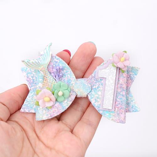 Jissoo Mermaid Birthday Hair Bow - Mermaid Birthday Decoration Hair Clips,Mermaid Hair Bow,Mermaid Bow For Girls,Cake Smash Prop ((1st))