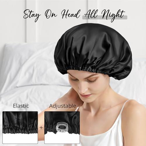 WIGI WIGI 100% Mulberry Silk Bonnet with Scrunchie Gift for Women, Silk Bonnet for Sleeping, Shower Cap Hair Bonnet, Silk Hair Wrap for Hair Care (100% Mulberry Silk (Round design), Black)
