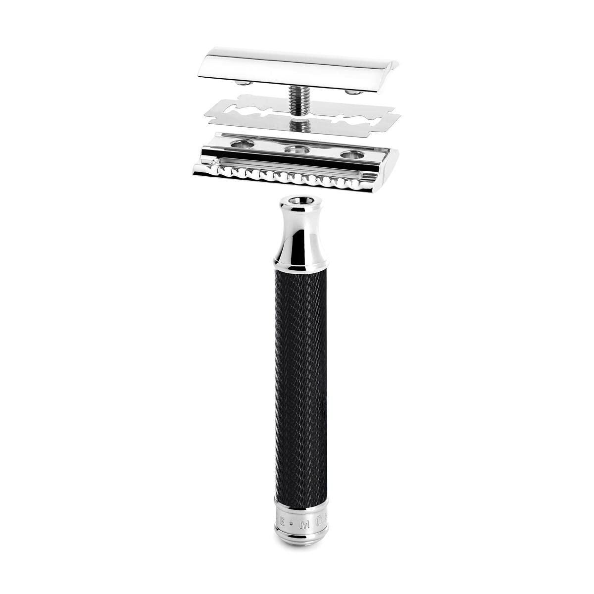 M MÜHLE MÜHLE Black/Chrome Silvertip Fiber Safety Razor (Closed Comb) Shaving Set - Perfect for Every Day Use, Barbershop Quality Close Smooth Shave