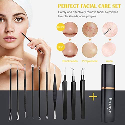 Boxoyx Pimple Popper Tool Kit - Boxoyx 10 Pcs Blackhead Remover Comedone Extractor Kit with Box for Quick and Easy Removal of Pimples, Blackheads, Zit Removing, Forehead,Facial and Nose (Black)