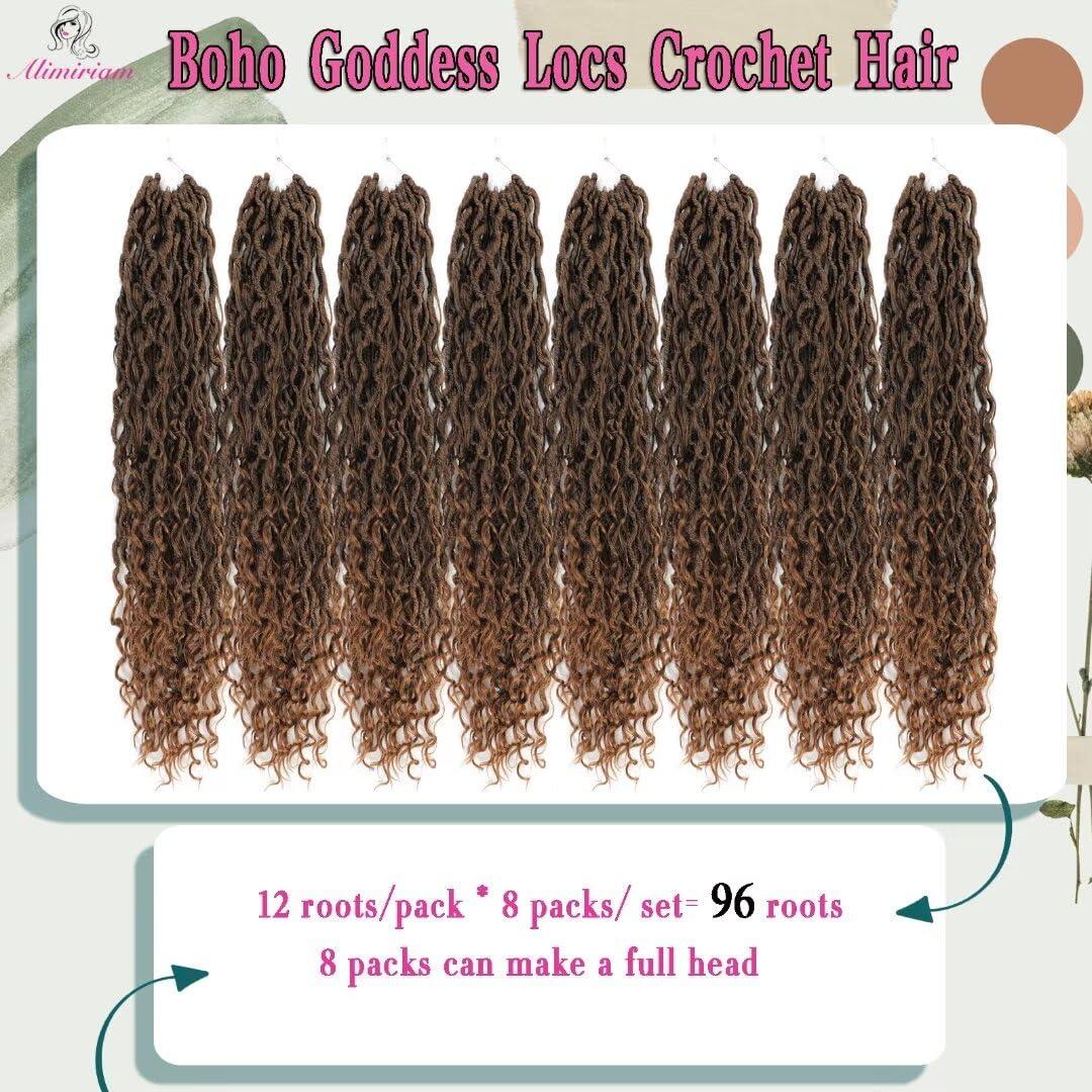 Alimiriam 8 Packs New Goddess Locs Crochet Hair 18 Inch Ombre Brown River Locs Crochet Hair with Curly Ends Pre-looped Curly Faux locs Braids Hair Boho Style Synthetic Hair Extensions (18\" 8Packs T1B/30#)