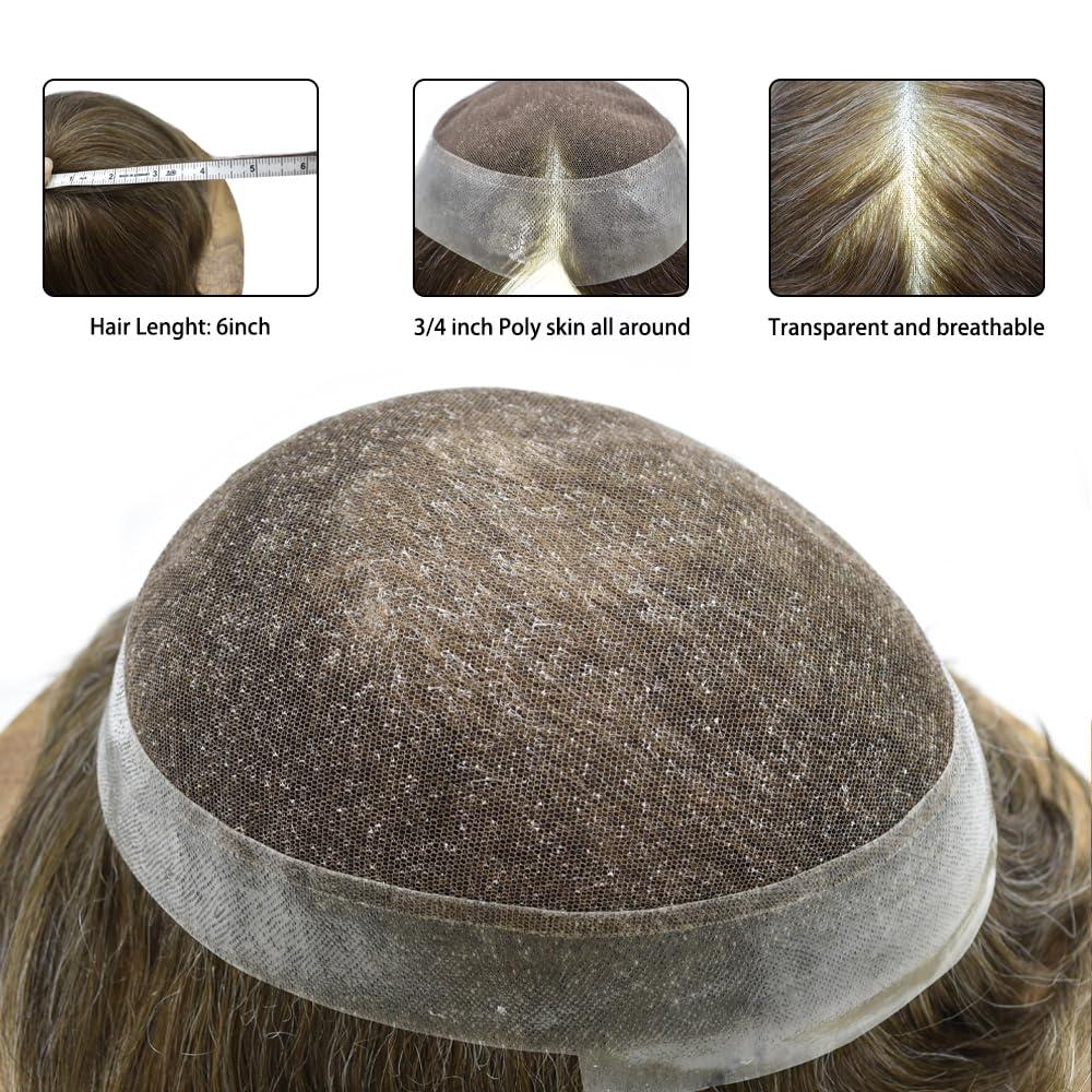 Curve Hair Toupee for men hair replacement System French Lace Mens Toupee Hairpieces Clear Poly Skin Hair Piece Unit wigs for men brown gray 7\"X9\",#510 Light-Med Brown+10% Gray-120% Medium Light to Medium