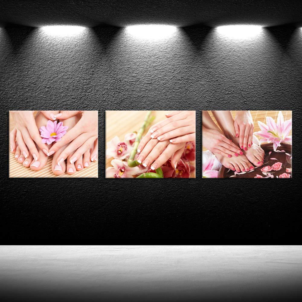iKNOW FOTO iKNOW FOTO Canvas Set of 3 Wall Art Manicure Painting Hands Foot Bath Massage Spa Still Life with Flowers Pictures Nails Beauty Salon Posters Printed Giclee Print Gallery Wrap for Walls
