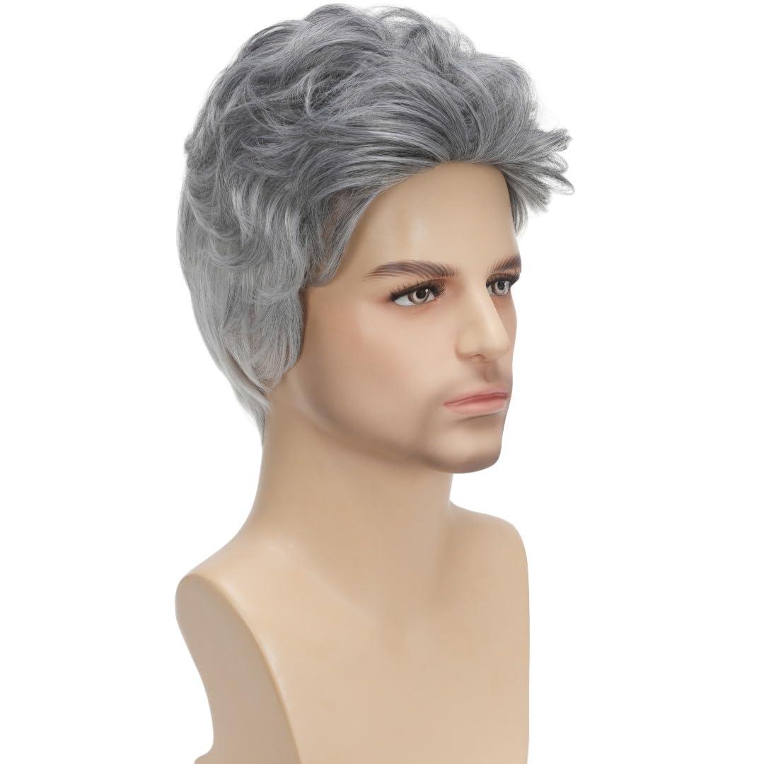 Daiaces Daiaces Mens Grey Wig Short Curly Wig Layered Natural Synthetic Men\'s Wig Party Cosplay Wig Mens Halloween Costumes Wig