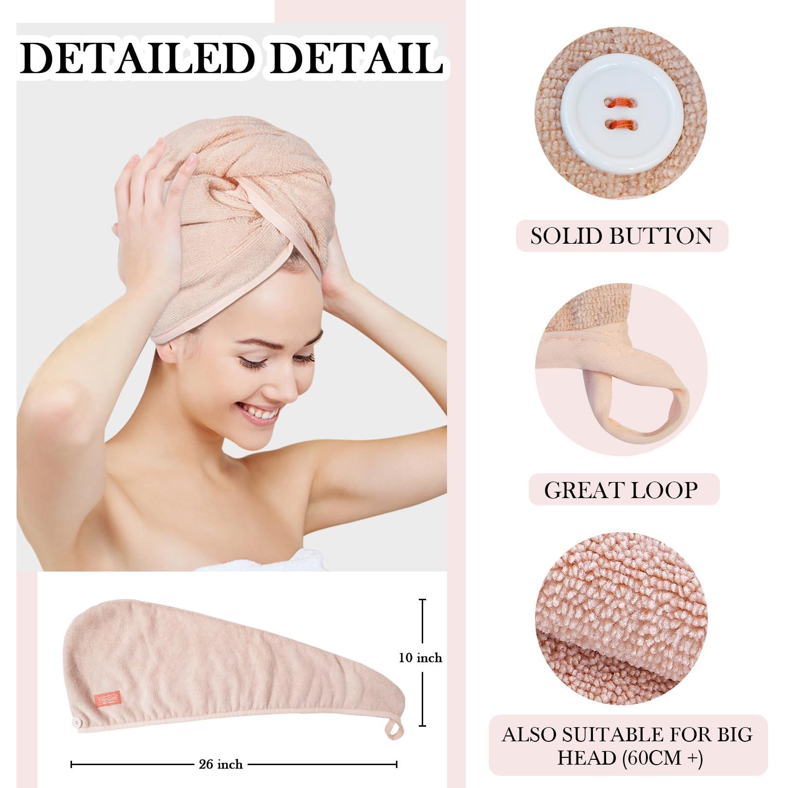 YoulerTex YoulerTex Ultra Plush Microfiber Hair Towel Wrap for Women, 2 Pack 10 inch X 26inch Purple, Ultra Absorbent Twist Hair Turban Drying Cap Hair Wrap, for Drying Curly, Long & Thick Hair (Peachy Beige)