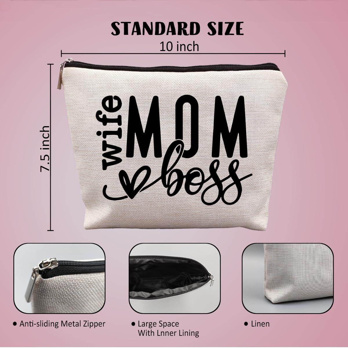 uinwk uinwk Wife Mom Boss Canvas Makeup Bag, Mother\'s Day Gifts for Mom Wife, Birthday Gifts for Women Mom Friends Coworkers Women Boss Lady, Mom Makeup Bag