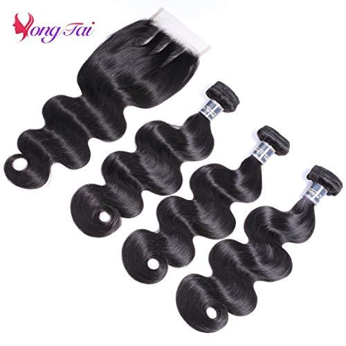 Yuyongtai Brazilian Body Wave 3 Bundles with Closure (20 22 24 +18, 3 Part) 100% Unprocessed Brazilian Virgin Body Wave Human Hair Bundles with 4x4 Lace Closure 1B Color