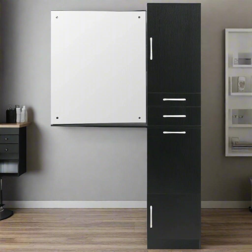 BarberPub BarberPub Wall Mount Mirror Station with Storage Drawers and Shelf Salon Station Hair Styling Barber Station Beauty Equipment 3034 (Black)