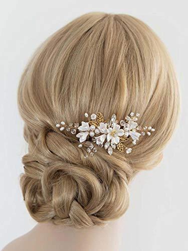 Barode Barode Bridal Wedding Hair Comb Flower Silver Sparkly Rhinestone Side Combs Crystal Bride Leaf Pearl Hair Accessories for Women and Girls (Gold)