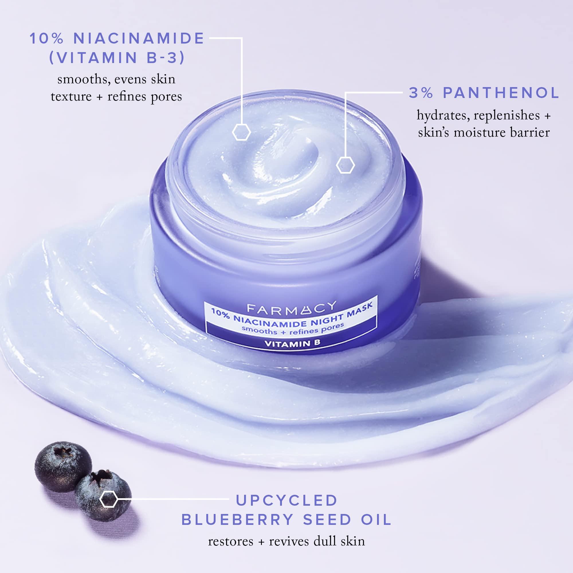 Farmacy Farmacy Niacinamide Overnight Face Mask - Pore Refining Facial Mask with 10% Niacinamide - Replenishes Moisture Barrier with 3% Panthenol + Blueberry Seed Oil for Soft, Supple Skin (9ml)