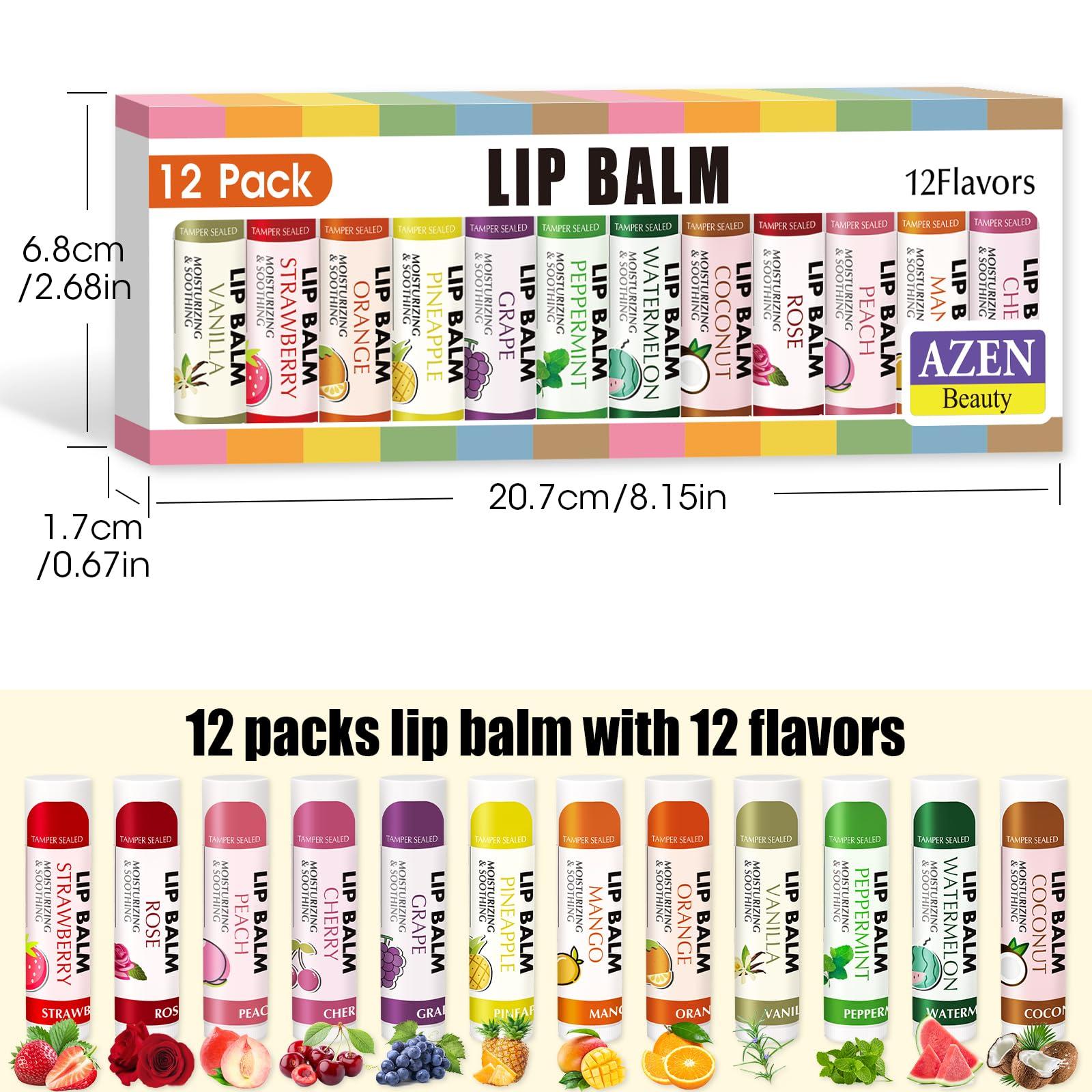 AZEN AZEN 12 Pack Lip Balm, Natural Lip Balm Bulk, Lip Care Product, Moisturizing Lip Balm for dry cracked lips - 12 Flavors