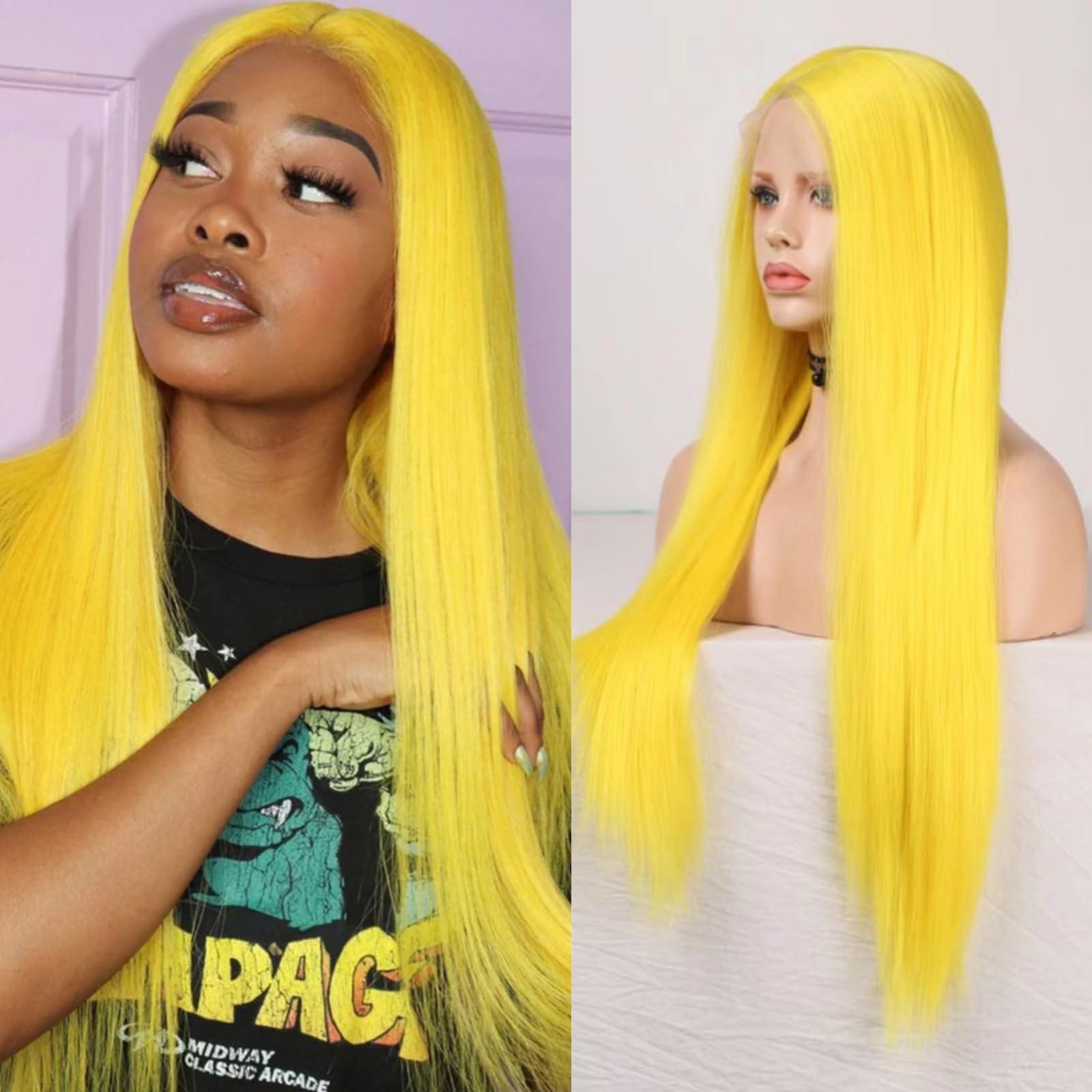 Imeya Imeya Fluorescent Yellow Wig 13x6 Lace Frontal Wigs for Women Synthetic Lace Front Wig Natural Hairline Neon Yellow Long Silky Straight Lime Yellow Hair Replacement Wigs for Daily Party Cosplay