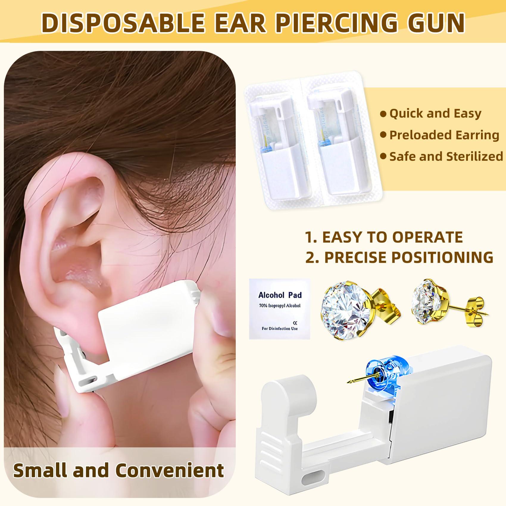 Novopiercing 24 Pcs Ear Piercing Kit Disposable Ear Piercing Gun Kit with 8 Pcs Gold-Plated CZ Earrings Stud 8 Pcs Self Piercing Gun and 8 Pcs Cleaning Pads