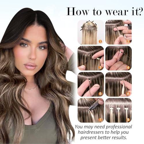 Vivien Vivien Micro Loop Hair Extensions Human Hair Ombre Micro Ring Hair Extensions Real Human Hair Natural Black to Brwon with Ash Blonde Micro Bead Human Hair Extensions 14 Inch 50G/50S