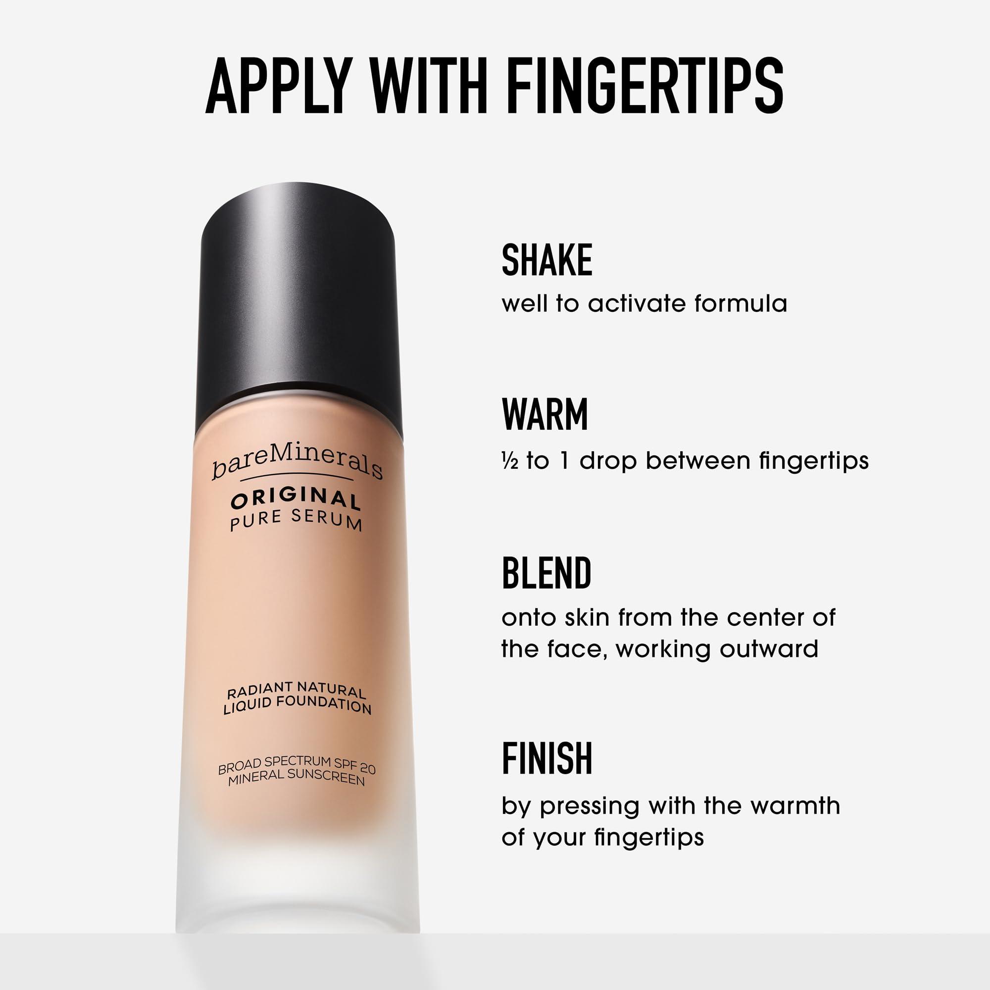 bareMinerals bareMinerals Original Pure Serum Radiant Natural Liquid Foundation Mineral SPF 20, Hydrating Skin Tint, Dewy Finish, Lightweight, Medium Coverage, Non-Comedogenic, Vegan