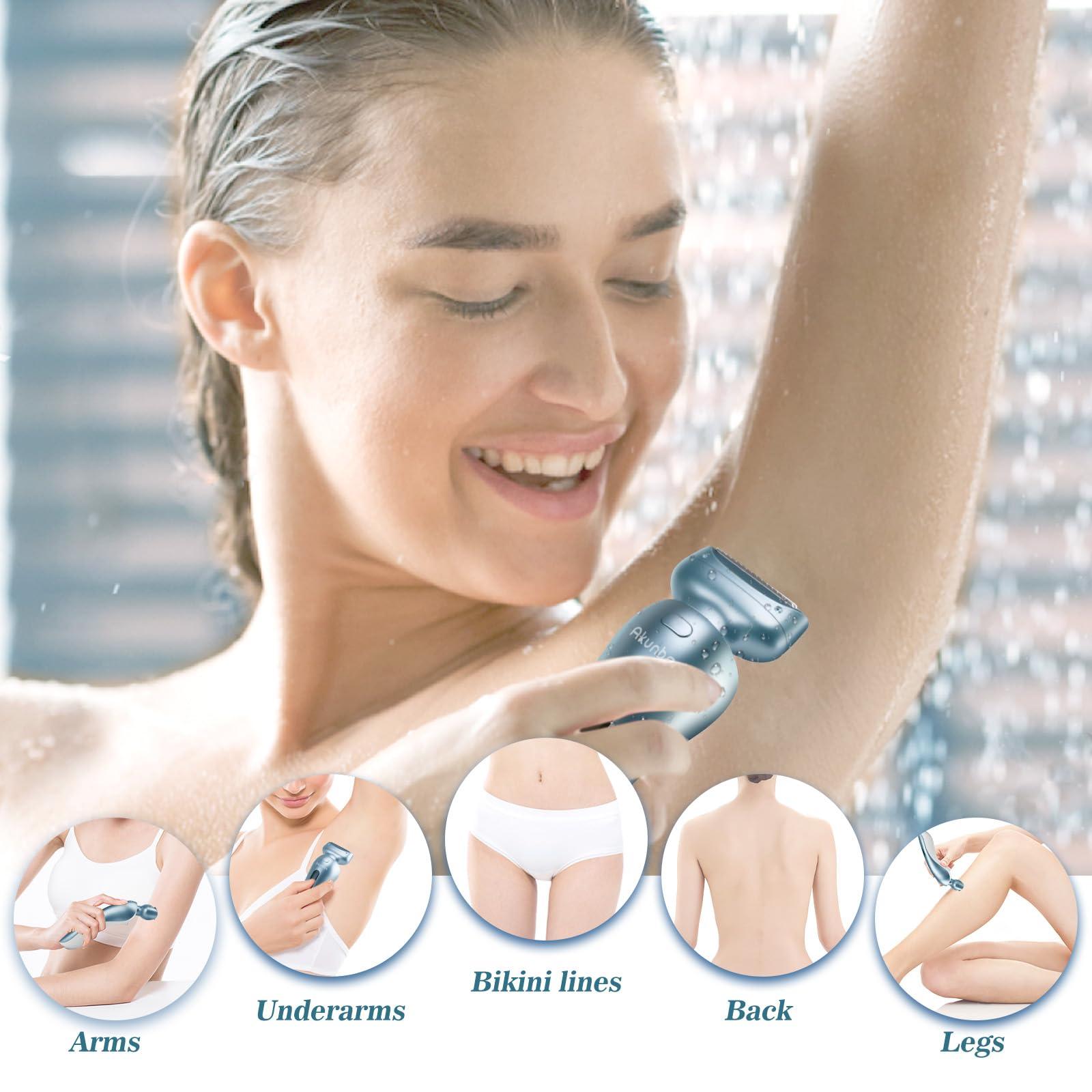 Akunbem Akunbem Electric Razors for Women for Legs Bikini Trimmer Electric Shaver for Women Underarm Public Hairs Rechargeable Womens Shaver Wet Dry Use Painless Cordless with Detachable Head (Blue)