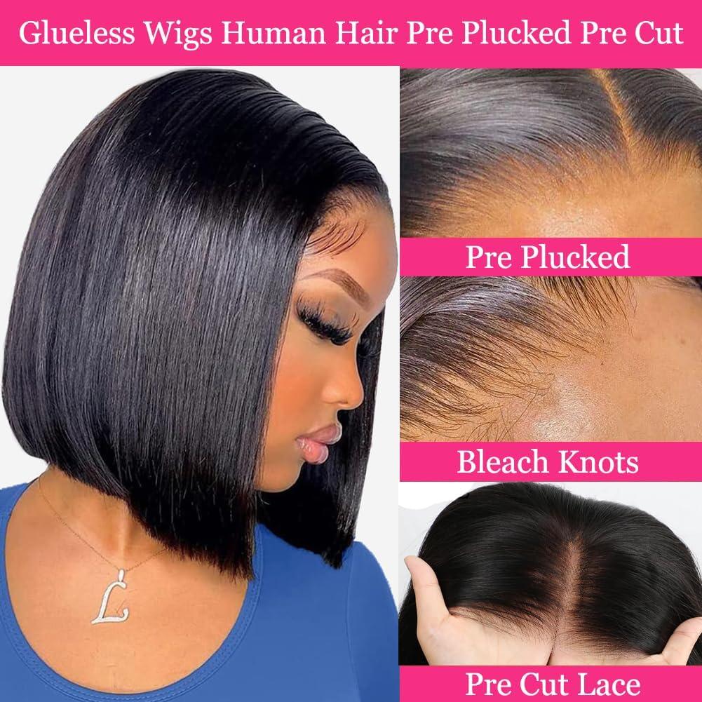 JFOOHD Bob Wig Human Hair Wear and Go Glueless Wigs Human Hair Pre Plucked Pre Cut Bob 4x4 HD Lace Closure Wig Short Straight Bob Human Hair Wigs for Black Women Upgraded No Glue Bob Wig 180% Density 10 Inch