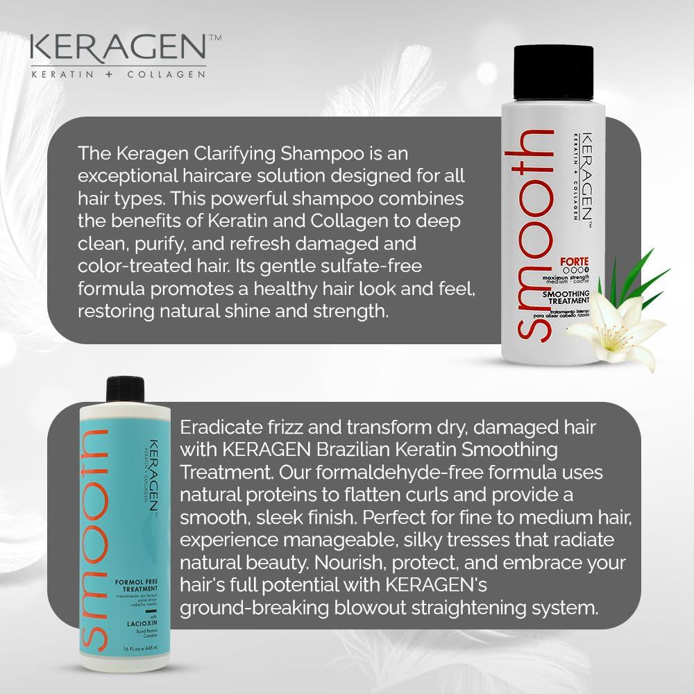 KERAGEN KERAGEN Hair Duo: Clarifying Shampoo (2 Oz) + Brazilian Keratin Smoothing Treatment (16 Oz) - Sulfate-Free, Formaldehyde-Free, Deep Cleansing, Eliminates Curls, Frizz