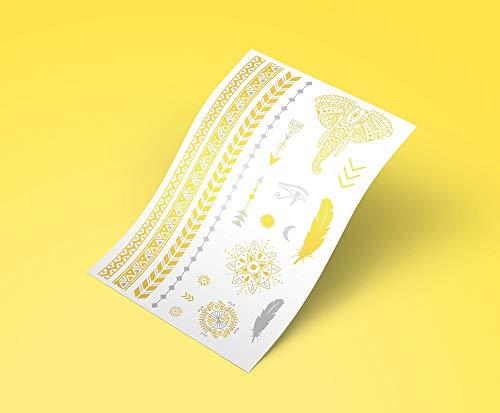Tatsy Temporary Tattoo Set By Tatsy, The Festival Set, Shiny Glitter Gold, For Women and Men, Original, Unique Design, Cover Up, Fancy Patterns, Waterproof Tattoos, Elephant, Arrows