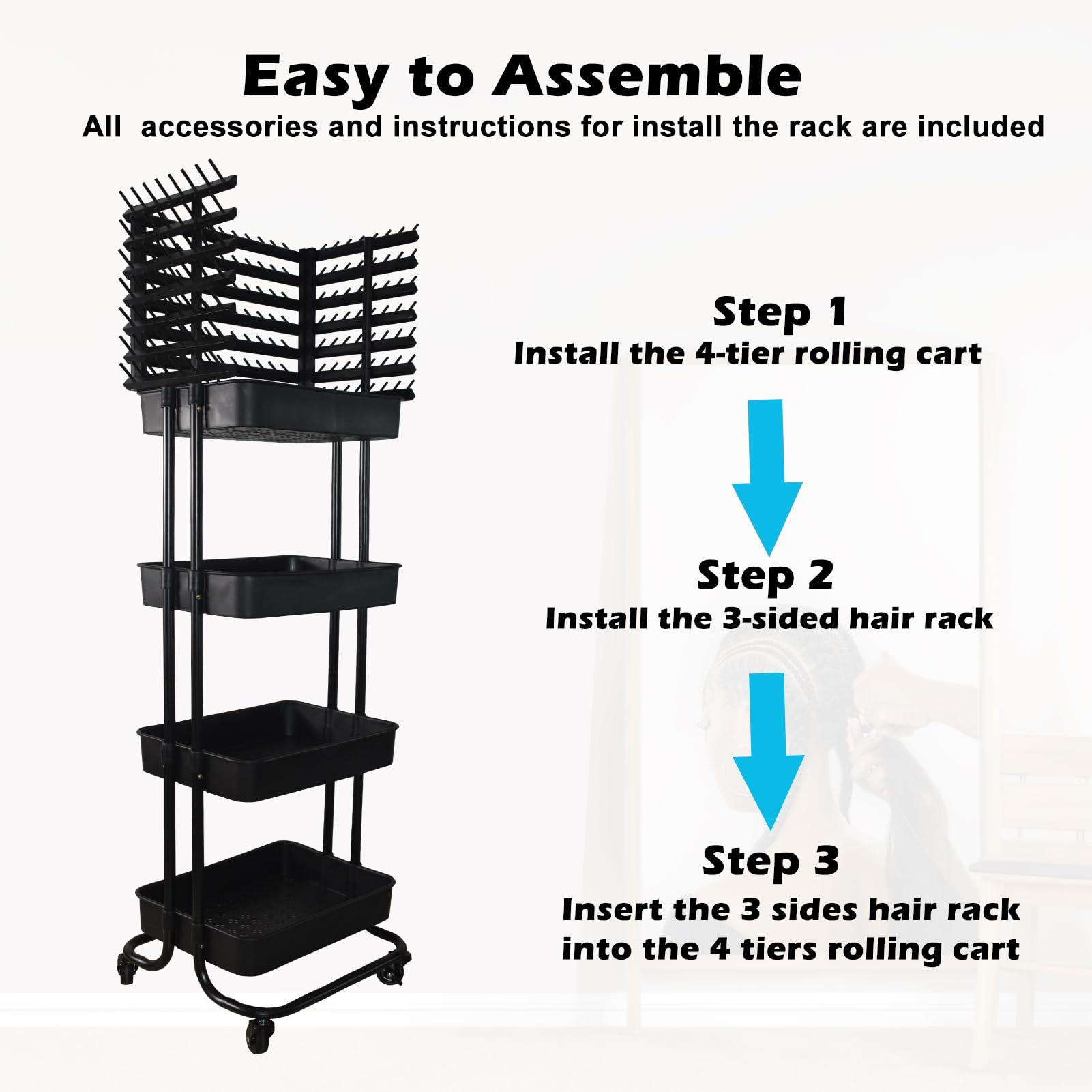 ICCTUO Braiding Hair Rack with 196 Pegs, Hair Extension Holder with 4 Tiers Storage Cart, Classical Black Braiding Rack Stand for Hair Braider, Sturdy Hair Rack for Salon, Home, Braiding School