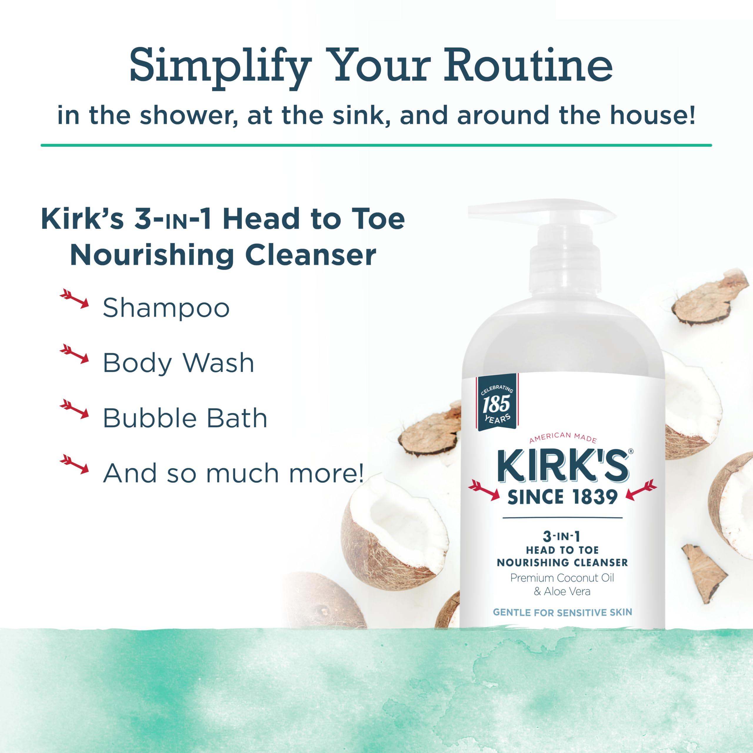Kirk's Kirk\'s 3-in-1 Head to Toe Nourishing Liquid Cleanser & Travel Size Bar Soap - for Men, Women & Children - Premium Coconut Oil & Aloe Vera- Non GMO & Vegan -Mint & Eucalyptus - 32 Fl Oz