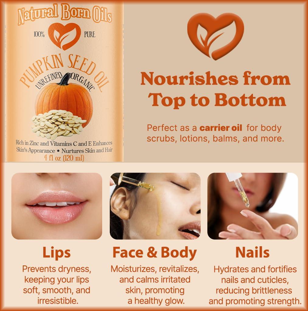 Natural Born Oils Natural Born Oils Pumpkin Seed Oil, 16oz, Organic, Cold-Pressed, Nutrient-Rich, Excellent for Radiant Skin, Lustrous Hair