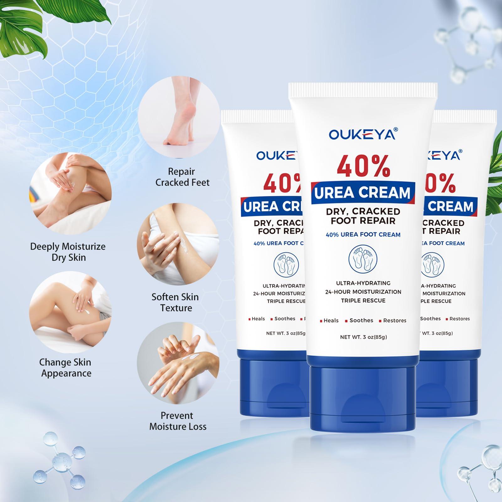 OUKEYA OUKEYA Urea Cream 40 Percent Tube 3 Oz, Urea Foot & Hand Cream for Dry Cracked, 40 per Urea Lotion for Feet Maximum Strength 3 Ounce(Pack of 3)