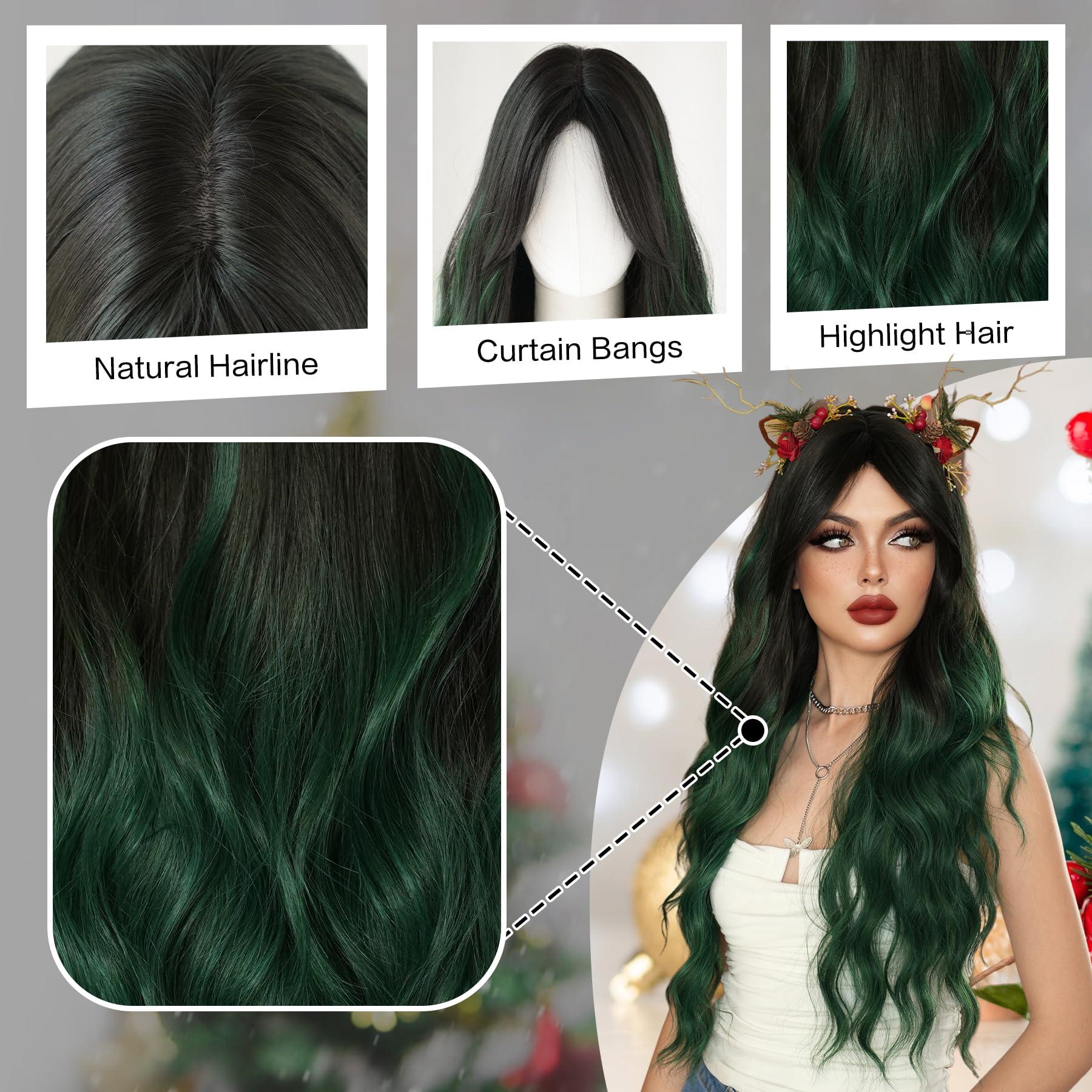 7JHH WIGS 7JHH WIGS Long Wavy Synthetic Dark Green Ombre Wigs with Dark Roots Black Green Ombre Hollween Curly Cosplay Party Wigs for Women Used