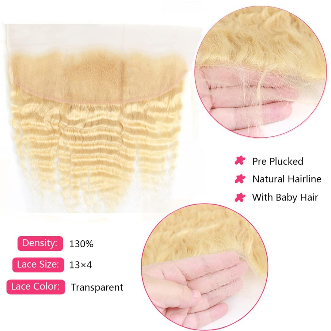 FInspiational 613 Honey Blonde Human Hair Weave 3 Bundles With Frontal Brazilian Deep Wave Hair Extensions Golden Natural Remy Hair 4Pcs/Lot #613 14 16 18 Frontal 12 Free Part