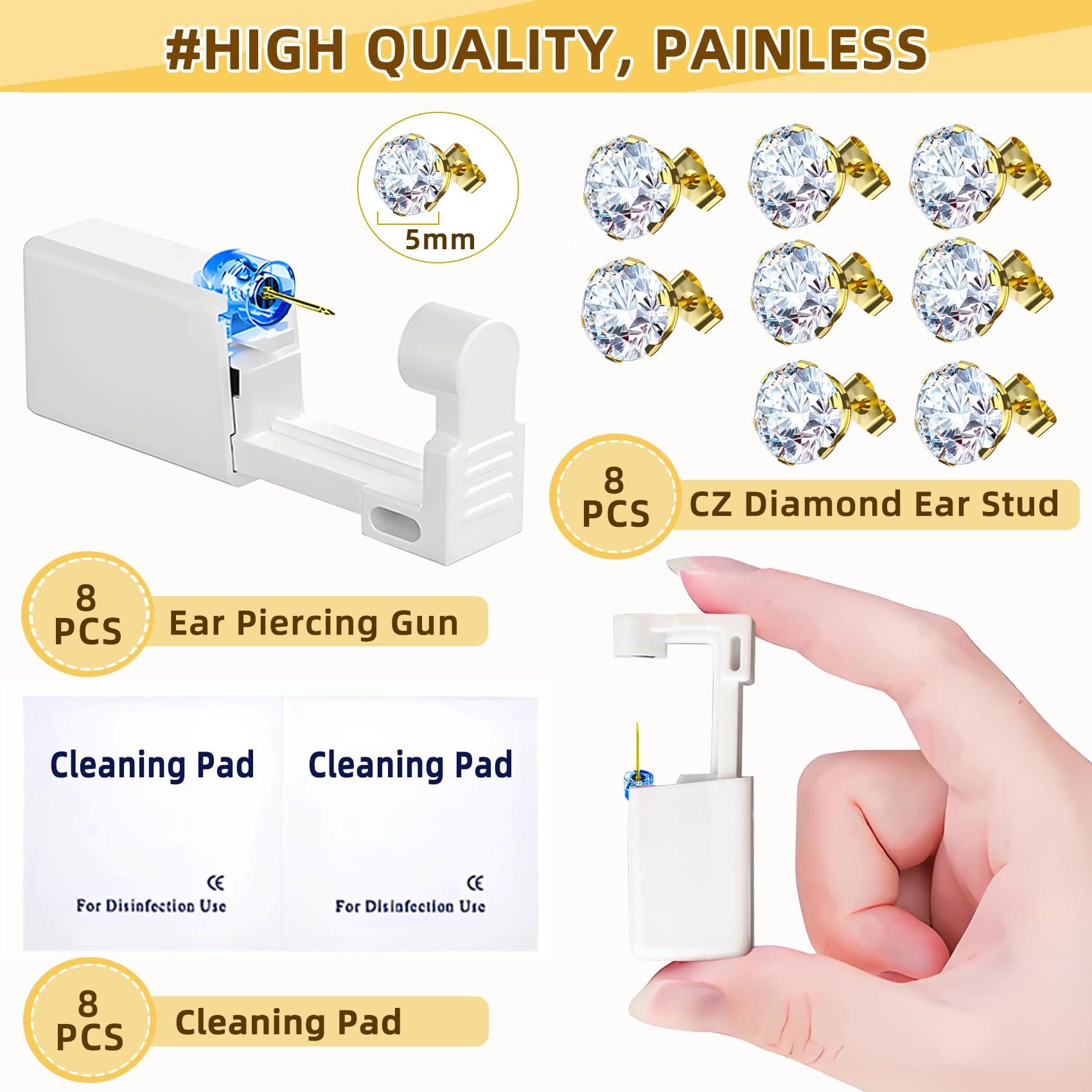 Novopiercing 24 Pcs Ear Piercing Kit Disposable Ear Piercing Gun Kit with 8 Pcs Gold-Plated CZ Earrings Stud 8 Pcs Self Piercing Gun and 8 Pcs Cleaning Pads
