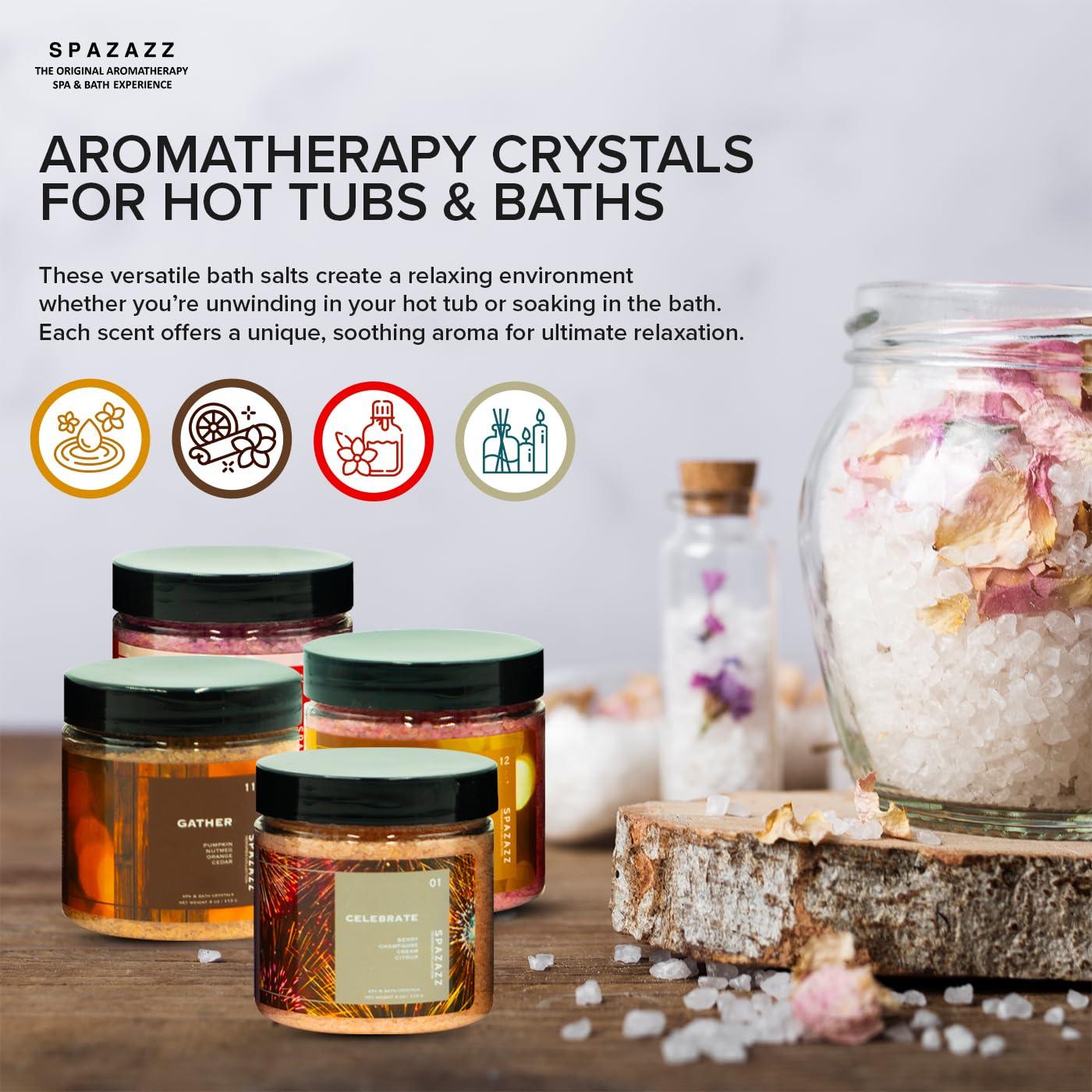 SPAZAZZ Spazazz Hot Tub Aromatherapy Memories Collection Bath Salts Set Four-4 Oz Pack - Love, Holiday, Celebrate, Gather - Spazazz Hot Tub Crystals and Bath Salts are Oil-Free & Safe for All Spas