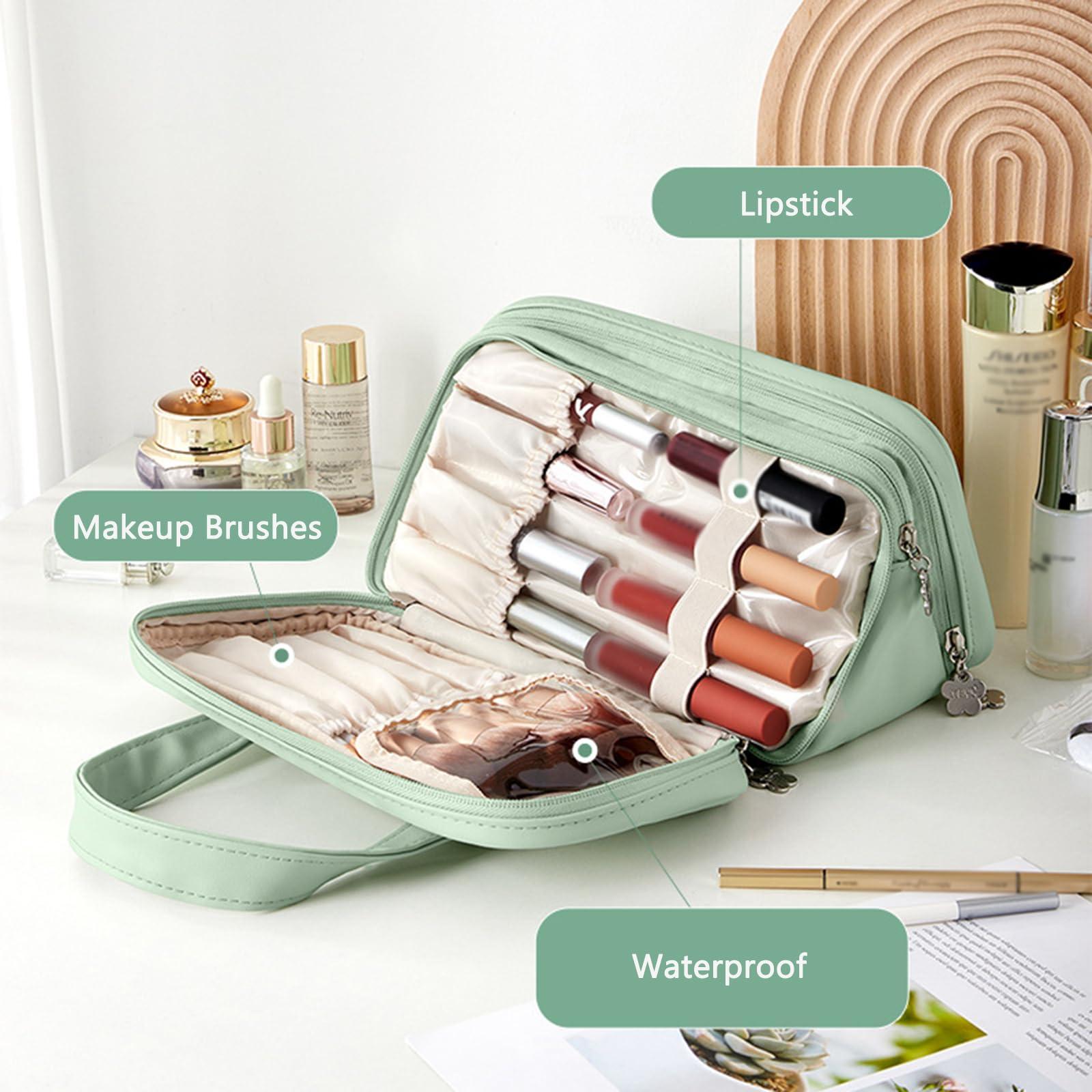 HACLEN Leather Cosmetic Bag, Makeup Bags for Women, Vanity Bag Travel Large Toiletry Bag Make Up Bag with Handle and Divider,Blue