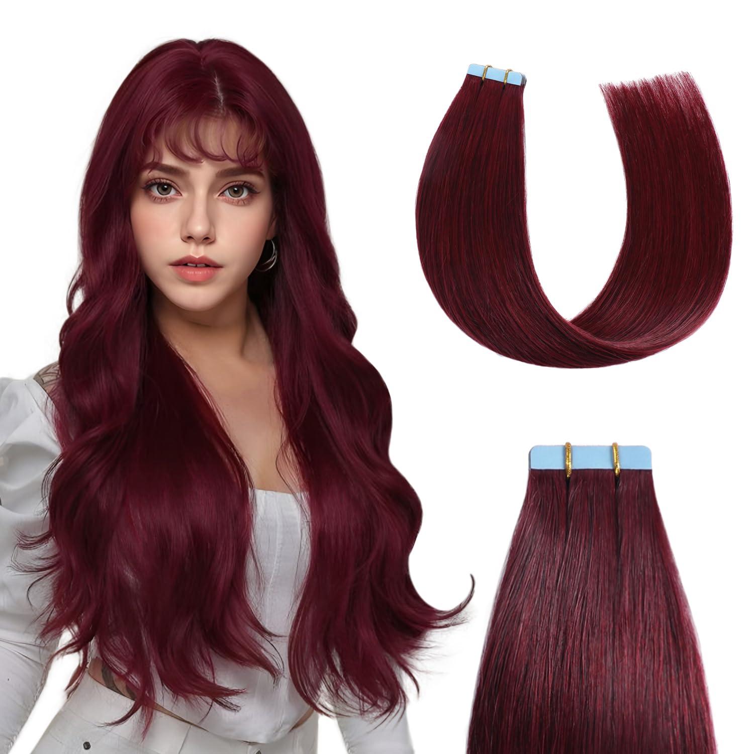 Sunya Sunya Tape in Hair Extensions Human Hair Burgundy 16 Inch Wine Red Tape in Real Human Hair #99j Seamless Skin Weft Tape in Hair Extensions #Burgundy 40g 20Pcs/Pack