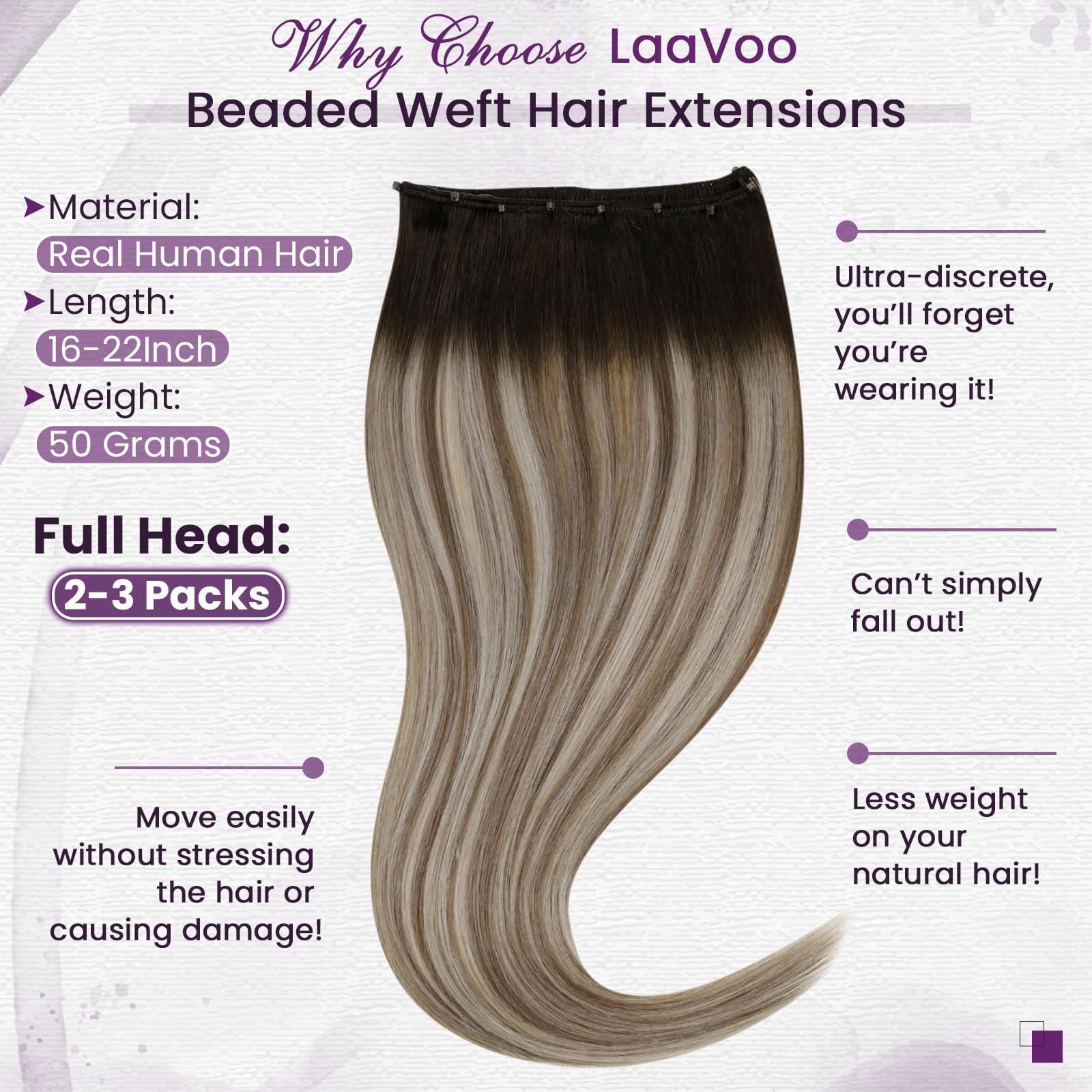LAAVOO LaaVoo Beaded Weft Hair Extensions Human Hair Microbead Extensions Ombre Micro Beads Weft Human Hair Extensions Brown to Light Brown Mix Blonde Beaded Weft Extensions Human Hair 50G 18 Inch