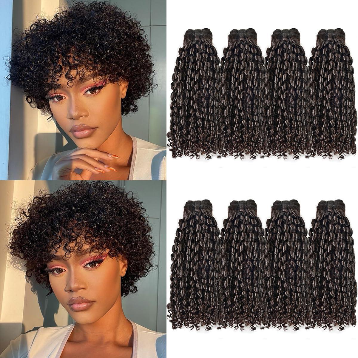beauty youth Pixie Cut Curly Human Hair Bundles - Curly 100% Human Hair Weave 4 Bundle(10 10 10 10 inches) Pixie Cut Curly Brazilian Pixie Curly Cut Virgin Human Hair Extensions 50g/bundle Natural Color