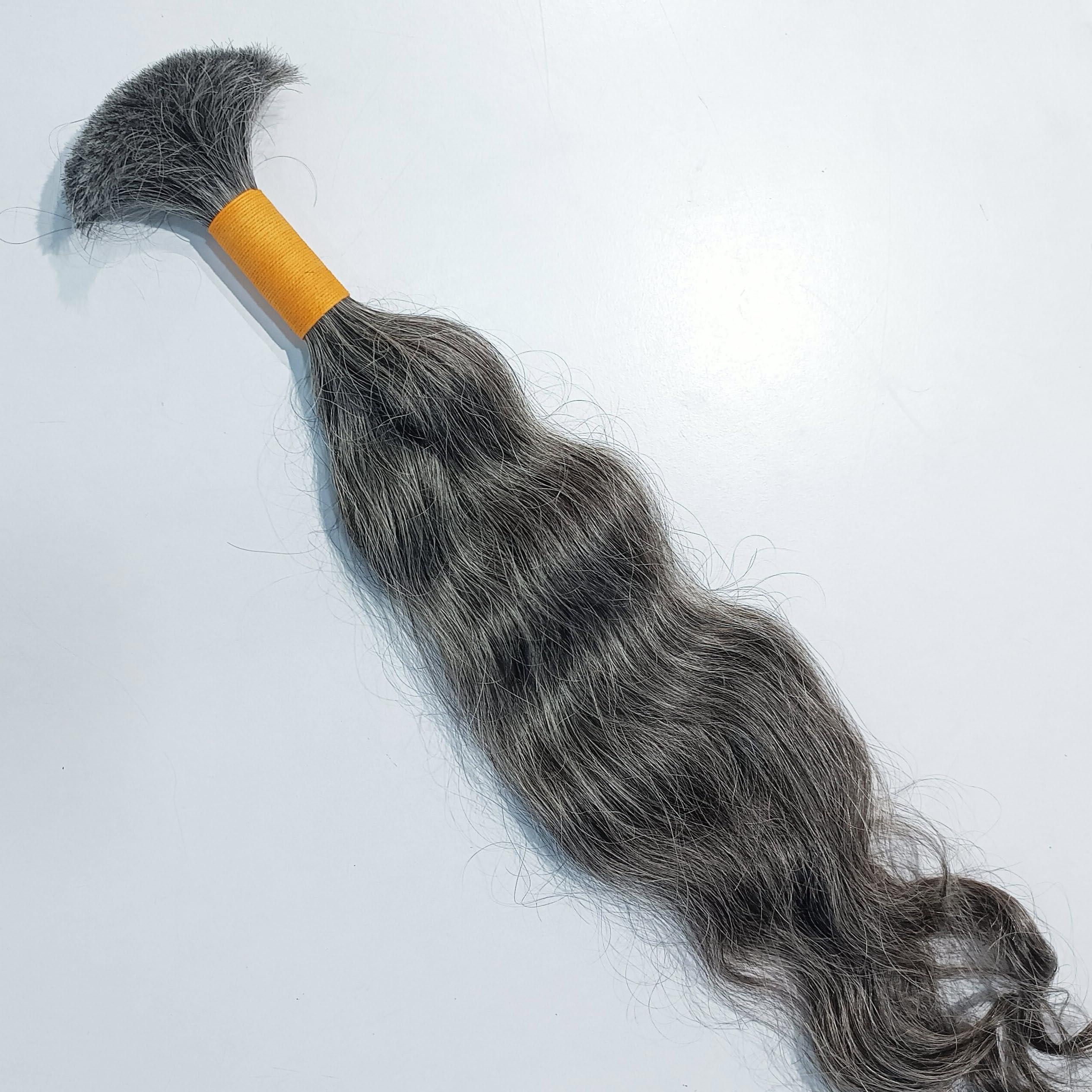Hat Hair Extensions 100% Natural Raw Unprocessed Hair Extensions (Grey), Indian Grey Braiding Wavy Human Grey Hair Extensions salt and pepper. non-sewn bulk/braid grey salt and pepper human hair. (14 Inches)