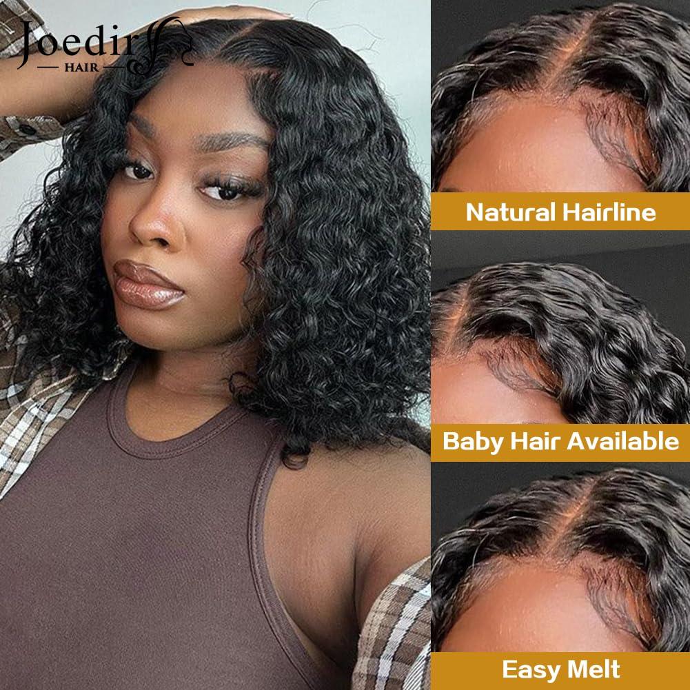 JOEDIR HAIR JOEDIR HAIR Curly Bob Wig Human Hair Short Deep Wave Lace Front Wig for Women 10 inch Natural Black T Part Wig Jerry Curl Bob Wig 150% Density