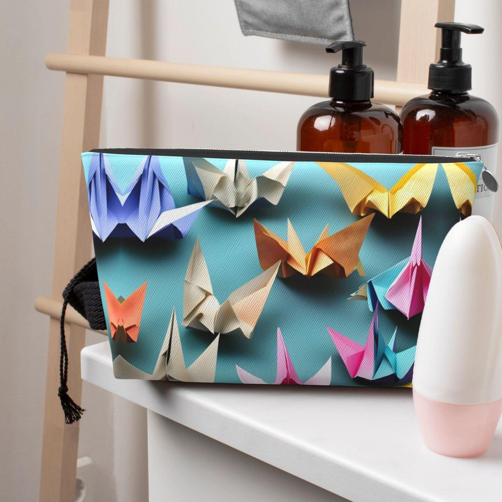 ZhanMg Silver Leather Travel Toiletry Bag - Reusable origami paper crane Cosmetic Makeup Accessories Organizer - Women Purse with Zipper