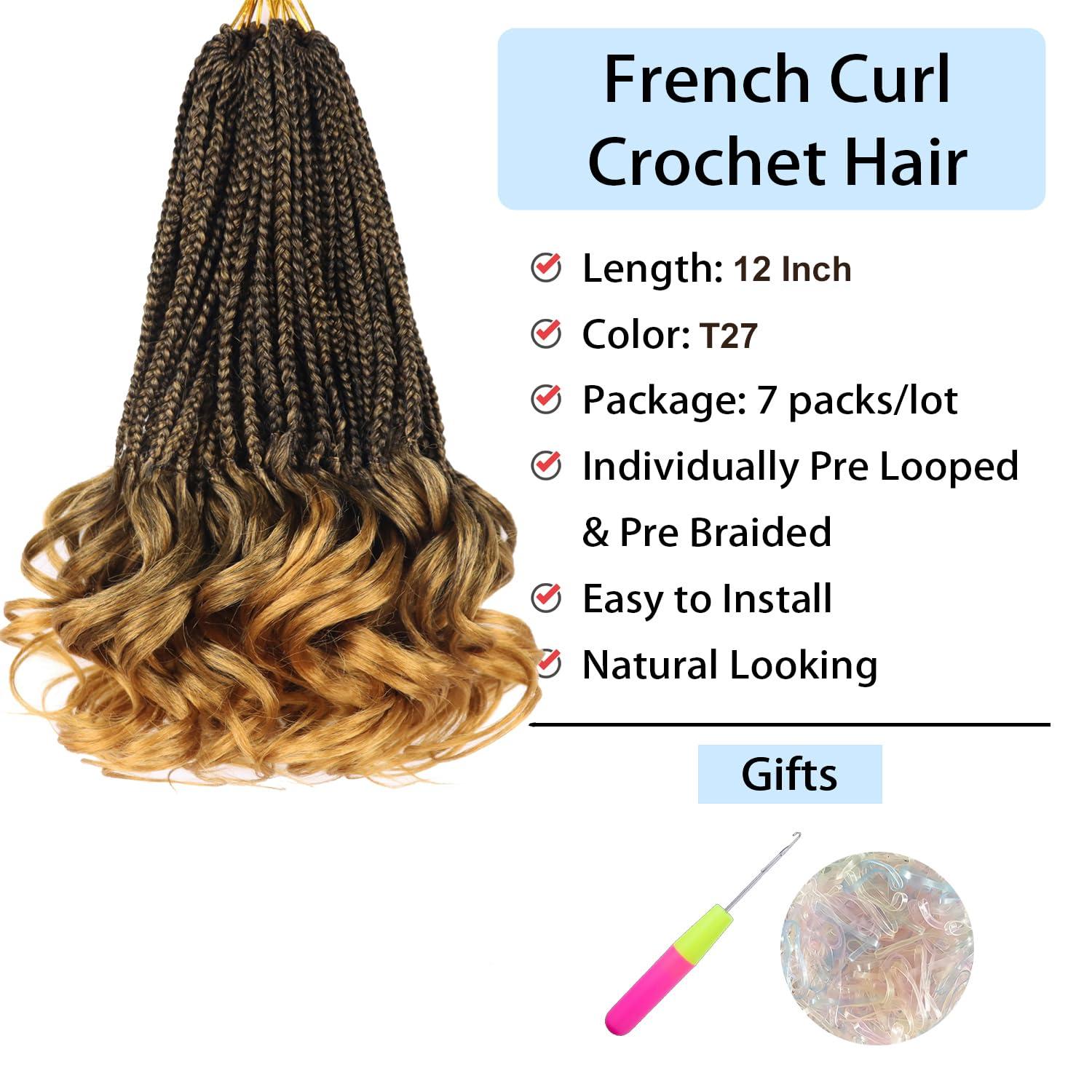 kaluli Crochet Braids 12 Inch Goddess Box Braids Crochet Hair Pre Looped French Curl Braiding Hair Short Curly Crochet Hair Extensions Braiding Hair Layered French Curl Braids with Curly Ends(1B/27)