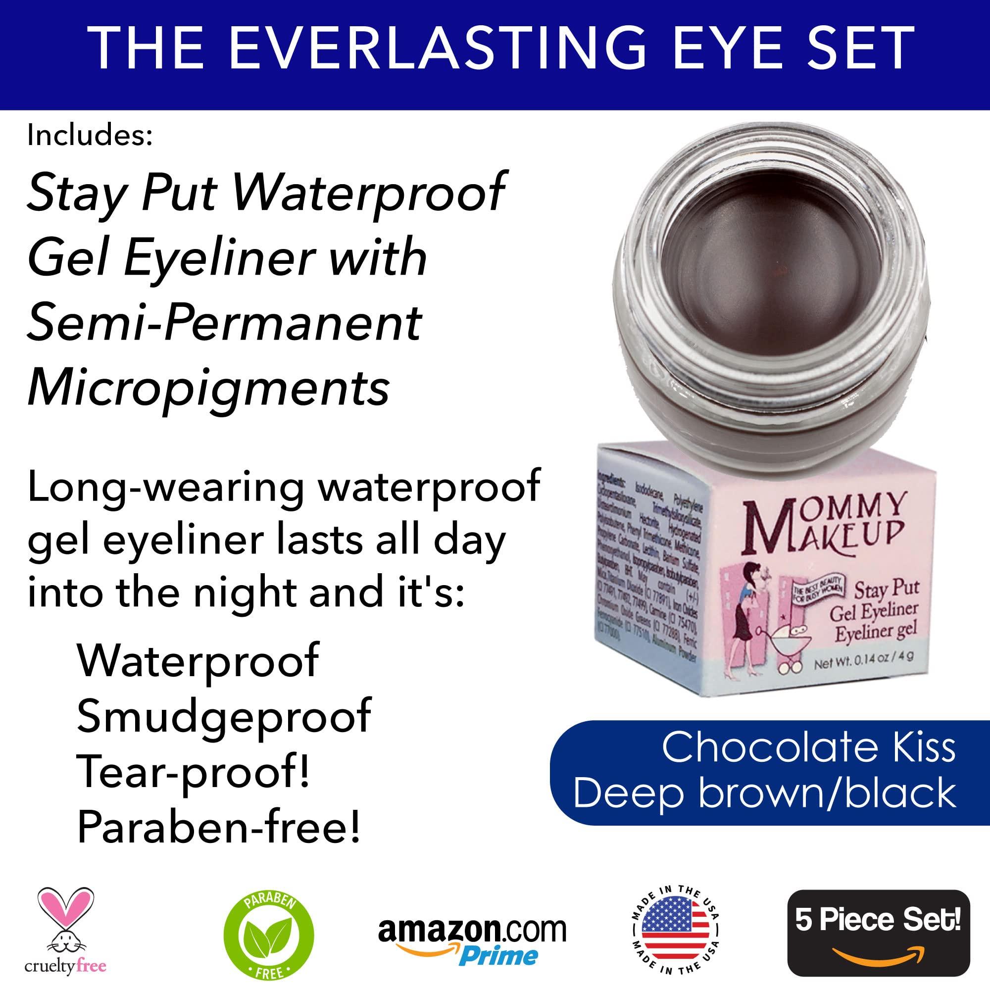 Mommy Makeup The Everlasting Eye 5 Piece Waterproof Makeup Set. Gel Eyeliner, Creme Eyeshadow, 2 brushes and Mesh Bag. Paraben-free, Talc-free, Cruelty-free. Cameo/Chocolate Kiss 2302