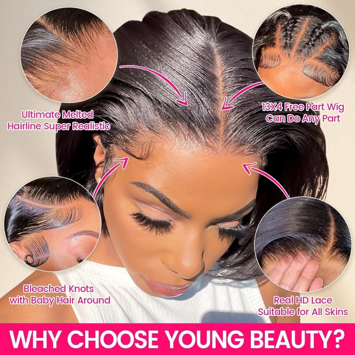 Hoscod Straight Brazilian Hair 12 inch Natural Black Bob Wig Human Hair 13x4 HD Transparent Lace Front Wigs Human Hair Pre Plucked 180% Density Glueless Short Bob Wig Human Hair Pre Plucked for Black Women.